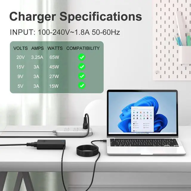 Alt view image 11 of 14 - 65W 45W Laptop Charger USB C Compatible with Dell Latitude 5420 5520 5320 5430 5290 7410 7420 XPS 13 9250 9360 9365 9370 9380 9350 9550 Chromebook 5190 Type C AC Adapter