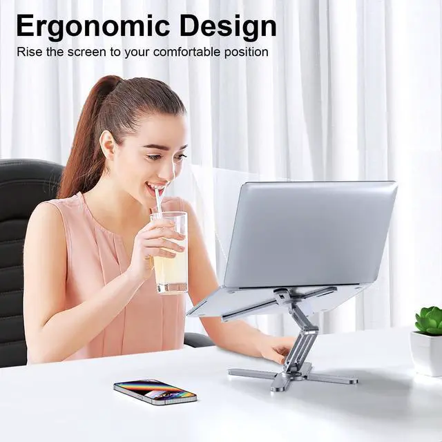 Alt view image 8 of 12 - Adjustable Laptop Stand with 360 Rotating Base, Aluminum Laptop Riser for Desk Foldable, Ergonomic Notebook Stand Holder Compatible with iPad and MacBook/All Laptops up to 16 inches - Silver