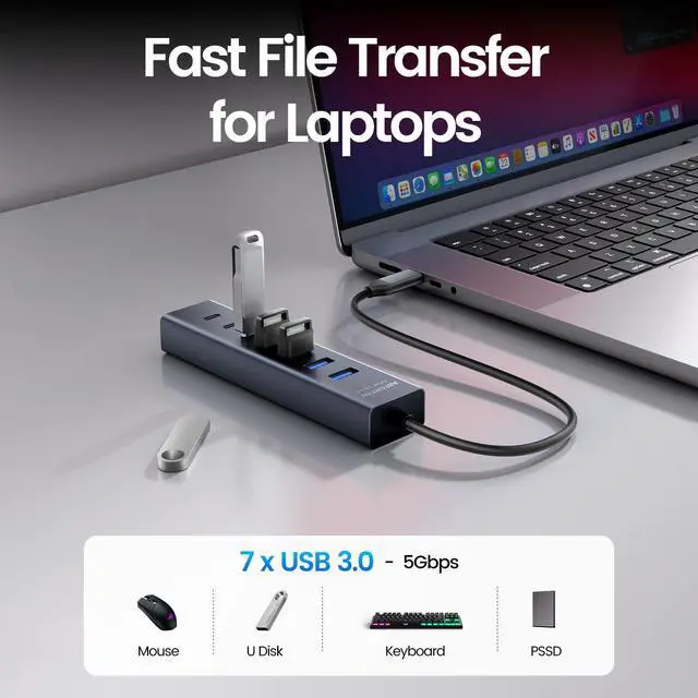 Alt view image 10 of 14 - USB C to USB Hub Multiport Adapter, Aluminium 7-Port USB C Hub Multiport Adapter, USB Extenders, USB c Splitter for Thunderbolt, MacBook Pro/Air, Laptop, iPad, iMac, U Flash, PSSD, Keyboard, Mouse