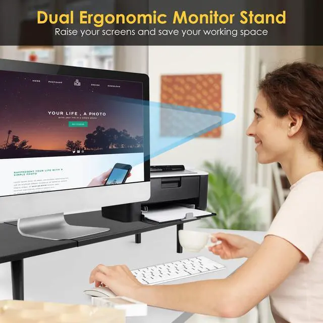 Alt view image 12 of 14 - Dual-Monitor-Stand-Riser-For-Desk Adjustable Length 32-40 InchLarge Desktop Computer Monitor Riser For 2 ScreensDesk Shelf Organizer Riser Stand For Computer/Laptop/PC/Printer/TV Black