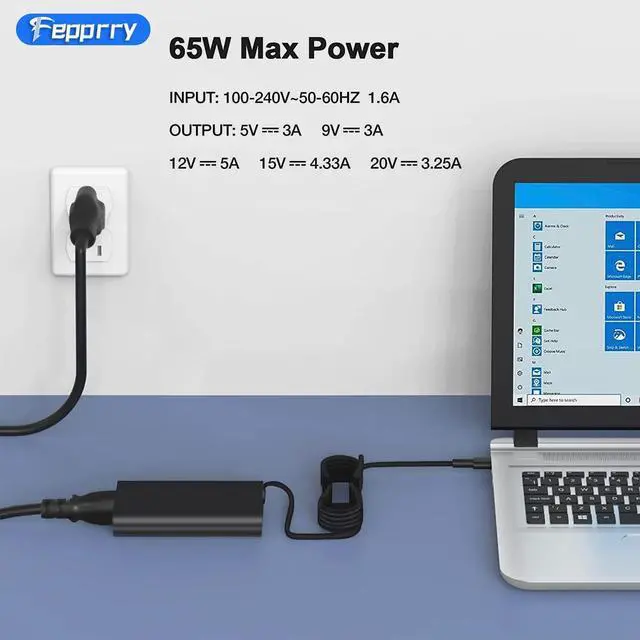 Alt view image 7 of 10 - 65W USB C Charger Compatible with Dell Latitude 5420 5520 5320 7420 7430 7400 7370 7390 7275 7285, XPS 13 7390 9350 9380 9370 9360 9310 9365 9300 9550 USB C Laptop Charger