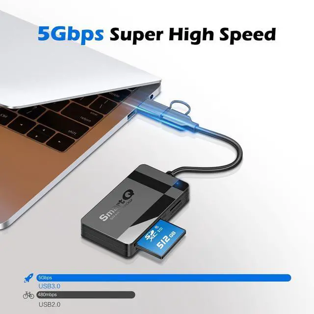 Alt view image 8 of 12 - SD Card Reader, Memory Card Reader 4 in 1 USB C USB 3.0 Dual Connector Adapter Simultaneously Read SD MS CF TF Cards Supports Micro SD/Micro. Compatible with desktops, Tablets, and USB-C Smartphones