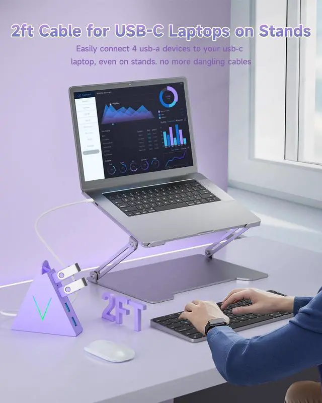 Alt view image 12 of 14 - USB C Hub, USB Type C to 4-Port USB 3.0 Adapter for MacBook, Surface, Laptop, Flash Drive, Mouse, Keyboard, HDD (2ft, Light Purple)