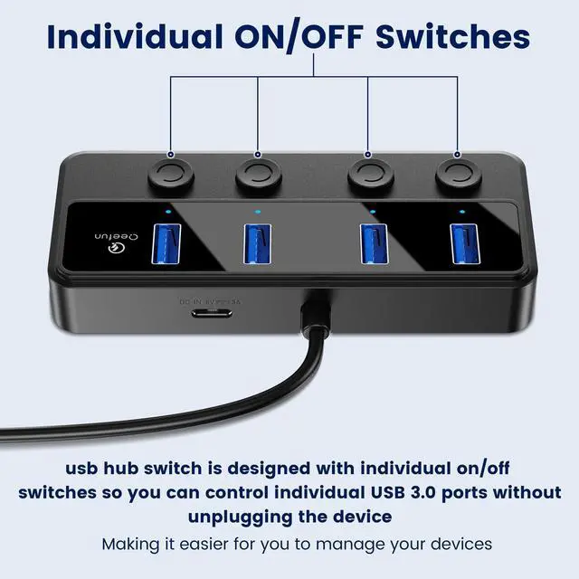 Alt view image 10 of 14 - 4-Port USB 3.0 Hub, Individual LED Power Switches, 5Gbps Data Transfer USB Splitter with 2ft Extension Cable, Multiple USB Extender for Laptop, PC, iMac, USB Flash Drives and More