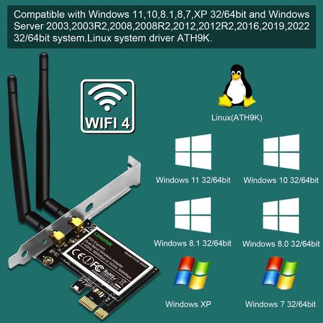 Alt view image 11 of 14 - Wireless N 600Mbps (2.4GHz 300Mbps and 5GHz 300Mbps) PCIE WiFi Adapter, PCIE WiFi Card, QUALCOMM Atheros AR946X Wireless Network Adapter for Windows 10 8.1 8 7 XP Desktop PCs (PCIE-N600)