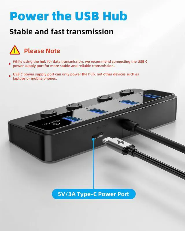 Alt view image 13 of 14 - 4-Port USB 3.0 Hub, Individual LED Power Switches, 5Gbps Data Transfer USB Splitter with 2ft Extension Cable, Multiple USB Extender for Laptop, PC, iMac, USB Flash Drives and More