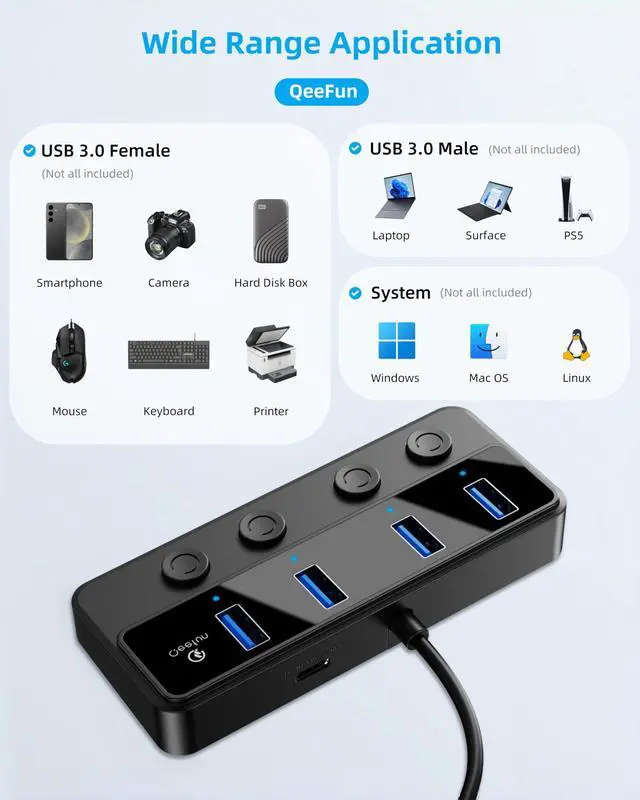 Alt view image 14 of 14 - 4-Port USB 3.0 Hub, Individual LED Power Switches, 5Gbps Data Transfer USB Splitter with 2ft Extension Cable, Multiple USB Extender for Laptop, PC, iMac, USB Flash Drives and More