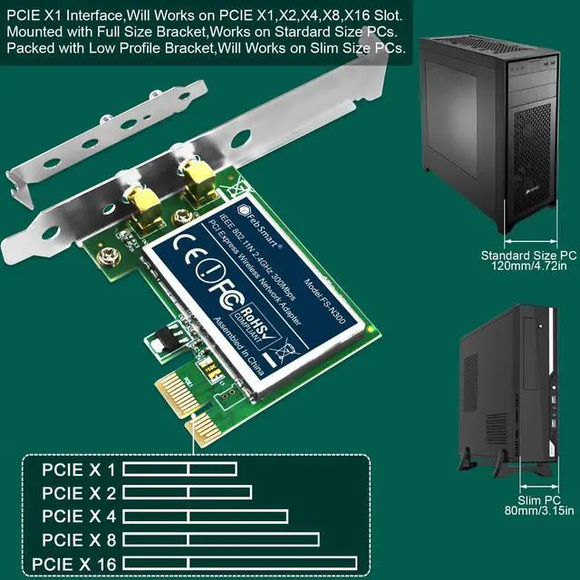 Alt view image 13 of 14 - Wireless N Dual Band 600Mbps (2.4GHz 300Mbps or 5GHz 300Mbps) PCIE WiFi Adapter for Windows 11, 10, 8.x, 7, XP (32/64bit) and Windows Server Desktop PCs, 2X2 MIMO PCIE WiFi Card (FS-N600)