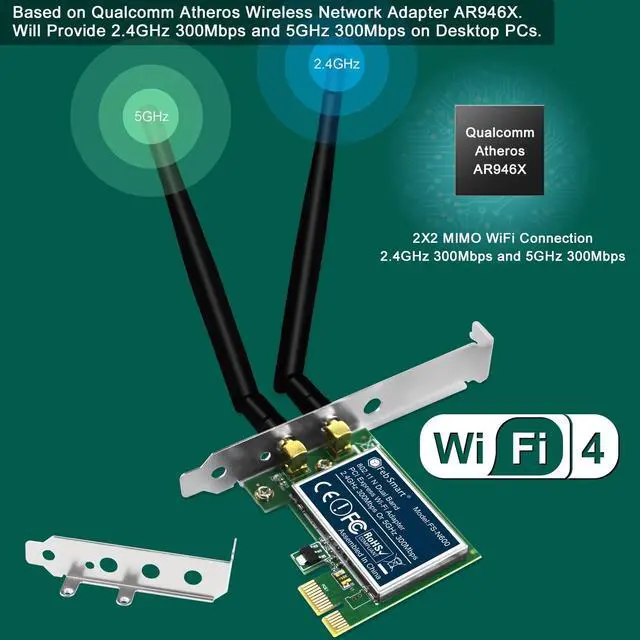 Alt view image 10 of 14 - Wireless N Dual Band 600Mbps (2.4GHz 300Mbps or 5GHz 300Mbps) PCIE WiFi Adapter for Windows 11, 10, 8.x, 7, XP (32/64bit) and Windows Server Desktop PCs, 2X2 MIMO PCIE WiFi Card (FS-N600)