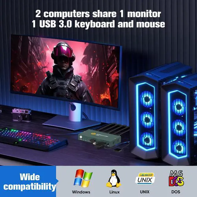Alt view image 10 of 14 - USB3.0 KVM Switch 2 Port HDMI, 4K@60Hz KVM Switch 1 Monitors 2 Computers with 3 USB3.0 Ports, HDMI KVM Switches for 2 PCs Share 1 Monitors and USB Devices, Support Button Switch, EDID