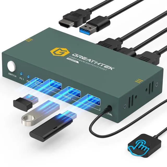 Alt view image 8 of 14 - USB3.0 KVM Switch 2 Port HDMI, 4K@60Hz KVM Switch 1 Monitors 2 Computers with 3 USB3.0 Ports, HDMI KVM Switches for 2 PCs Share 1 Monitors and USB Devices, Support Button Switch, EDID