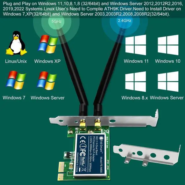 Alt view image 11 of 14 - Wireless N Dual Band 600Mbps (2.4GHz 300Mbps or 5GHz 300Mbps) PCIE WiFi Adapter for Windows 11, 10, 8.x, 7, XP (32/64bit) and Windows Server Desktop PCs, 2X2 MIMO PCIE WiFi Card (FS-N600)
