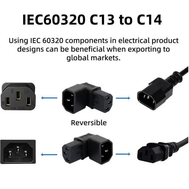 Alt view image 10 of 14 - 2 Pack IEC 320 C14 Male to C13 Female 90 Degree Angled Power Extension Connector Adapter 10A 250V for Monitor/Computer/PDU Chassis/Printer