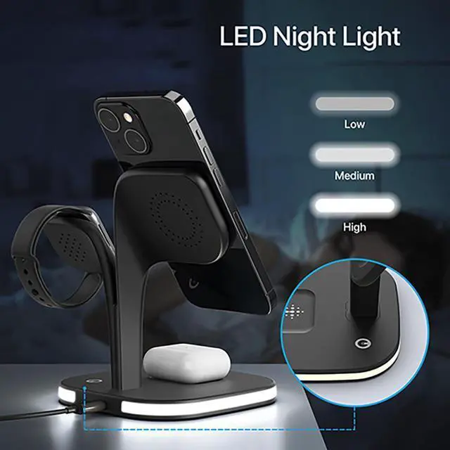 Alt view image 12 of 14 - Wireless Charging Station for Magsafe Charger,Charging Station for Multiple Devices,Wireless Charger for iPhone 17 Air 16 15 14 13 12,Apple Watch,AirPods with LED(Black)