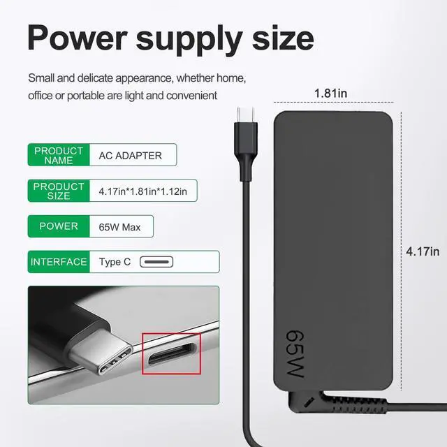 Alt view image 13 of 14 - 65W USB C Charger Compatible with Lenovo Thinkpad/Yoga/Chromebook Laptop Computer 65W 45W USB C Fast Power Adapter