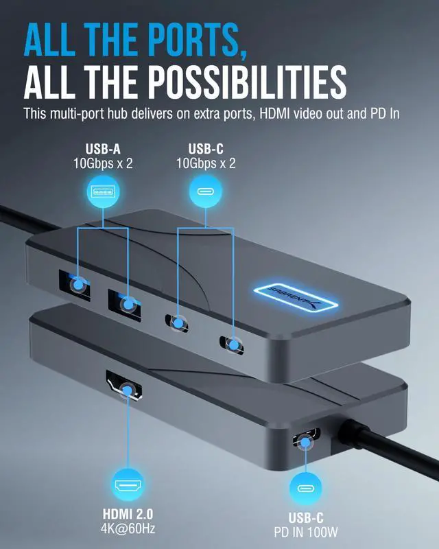 Alt view image 9 of 14 - USB C Hub 5-in-1 Docking Station, 10Gbps USB-A & USB-C Ports, 4K HDMI Output, 100W PD Input, 80W Charging, Aluminum USB Hub for Laptops/Phones/Tablets HDR/HDCP (HB-TG5P)