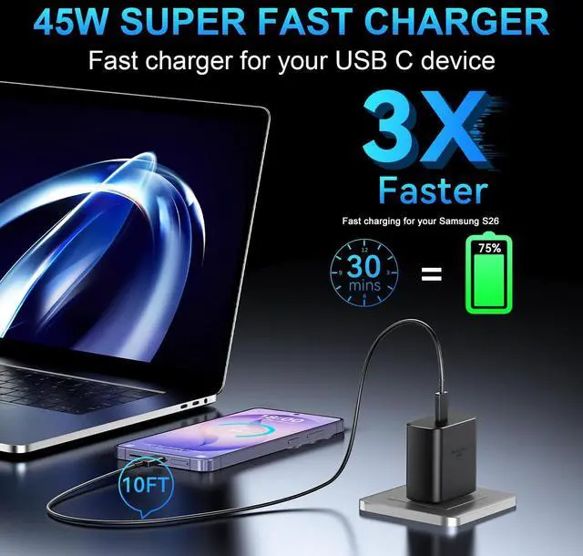 Alt view image 11 of 12 - 45W USB C Super Fast Charger Type C Charger Fast Charging Android Phone Charger Block with 10FT Type C Charging Cable for Samsung Galaxy S26 Ultra/S26/S26+/S25/S25 Ultra/S25+/S24 Ultra/S23 Ultra/S22