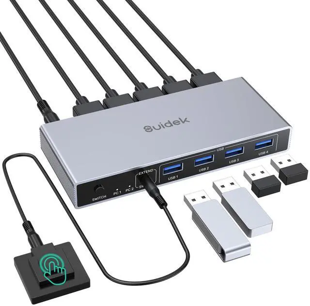 Alt view image 8 of 14 - HDMI KVM Switch 1 Monitor 2 Computers, 4K@60Hz USB 3.0 KVM Switcher with 4 USB Ports for 2 Computers Share Keyboard Mouse Printer, Include Desktop Controller, and Power Adapter