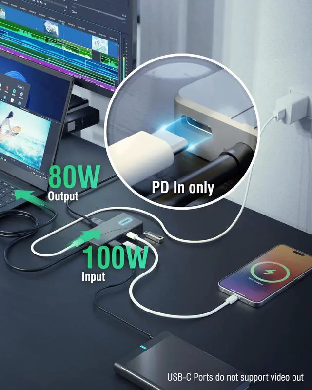 Alt view image 10 of 14 - USB C Hub 5-in-1 Docking Station, 10Gbps USB-A & USB-C Ports, 4K HDMI Output, 100W PD Input, 80W Charging, Aluminum USB Hub for Laptops/Phones/Tablets HDR/HDCP (HB-TG5P)