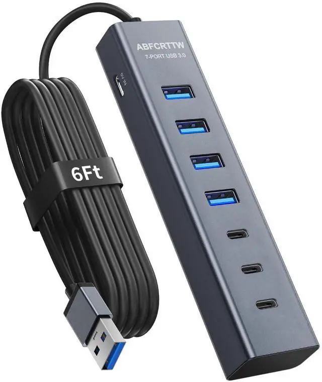 Alt view image 8 of 14 - 6Ft 7-Port USB Hub 3.0 for Desktop, 4 USB-A & 3 USB-C Ports Aluminium 5Gbps USB Extender Hub, USB Splitter, USB Hub Long Cable for Desktop, PC, Flash Drive, Mobile HDD SSD, Windows/XPS