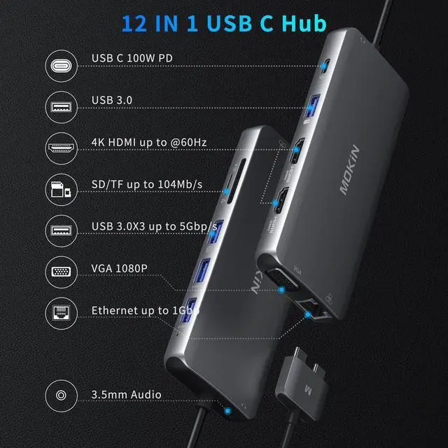 Alt view image 9 of 14 - MacBook Pro Docking Station Dual Monitor HDMI Adapter,12 in 1 USB C Adapters for MacBook Pro Air Mac HDMI Dock Dongle Dual USB C to DualHDMI VGA Ethernet AUX 4USB SD/TF100W PD