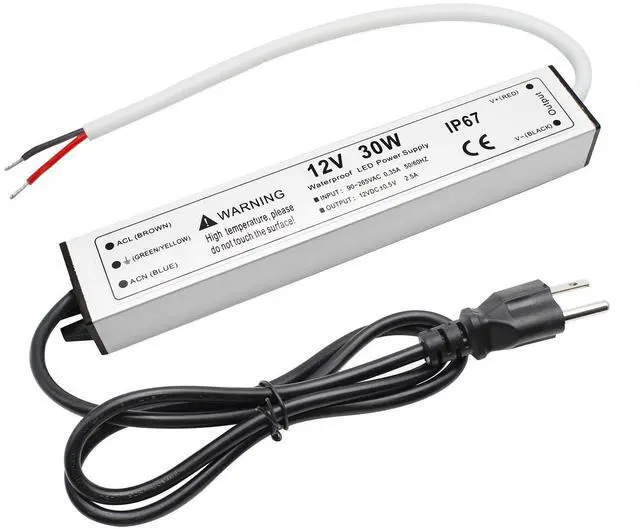 Alt view image 8 of 14 - 30W 12 Volt LED Power Supply, Waterproof IP67 LED Driver, 110V AC to 12V DC Converter, LED Transformer Low Voltage Output with 3-Prong Plug 3.3 Feet Cable for Light Strip, 2.5Amp