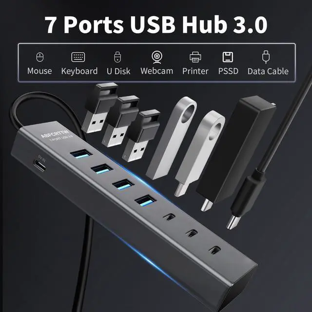 Alt view image 11 of 14 - 6Ft 7-Port USB Hub 3.0 for Desktop, 4 USB-A & 3 USB-C Ports Aluminium 5Gbps USB Extender Hub, USB Splitter, USB Hub Long Cable for Desktop, PC, Flash Drive, Mobile HDD SSD, Windows/XPS