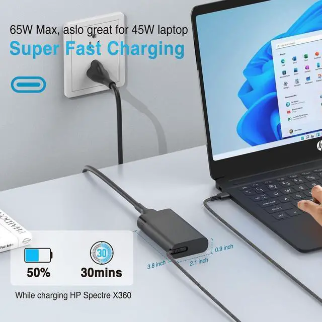 Alt view image 9 of 14 - Laptop Charger for HP Spectre Envy Elite EliteBook X360 X2 2-in-1 Chromebook Pavilion Dragonfly, New Slim 65W 45W USB C Charger 10FT, Universal Type C Power Adapter, Super Durable, Original Quality