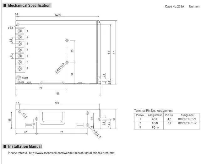 Alt view image 7 of 8 - LRS-100-24 Switching Power Supply, Single Output, 24V, 4.5A, 108W, 5.08" L x 3.82" W x 1.18" H