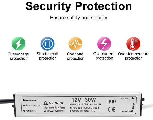 Alt view image 12 of 14 - 30W 12 Volt LED Power Supply, Waterproof IP67 LED Driver, 110V AC to 12V DC Converter, LED Transformer Low Voltage Output with 3-Prong Plug 3.3 Feet Cable for Light Strip, 2.5Amp