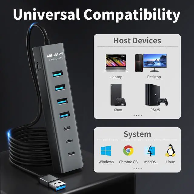 Alt view image 14 of 14 - 6Ft 7-Port USB Hub 3.0 for Desktop, 4 USB-A & 3 USB-C Ports Aluminium 5Gbps USB Extender Hub, USB Splitter, USB Hub Long Cable for Desktop, PC, Flash Drive, Mobile HDD SSD, Windows/XPS