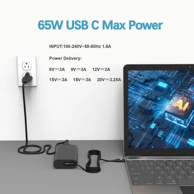 Alt view image 9 of 14 - 65W 45W USB C Laptop Charger for Dell Computer Latitude 5450 5440 5540 7440 5420 7420 5520 5430 7430 5530 5550 7450,Dell 13 14 16 Pro Plus Power Cord,XPS 13 Type C AC Adapter Chromebook 3100