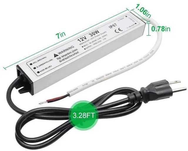 Alt view image 13 of 14 - 30W 12 Volt LED Power Supply, Waterproof IP67 LED Driver, 110V AC to 12V DC Converter, LED Transformer Low Voltage Output with 3-Prong Plug 3.3 Feet Cable for Light Strip, 2.5Amp