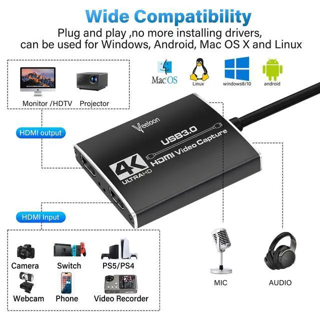 Alt view image 11 of 14 - Audio Video Capture Card for Broadcasting,4K HDMI to USB C Capture Card with USB A 3.0 Adapter,1080P 60FPS, Work with iPad Mac OS Windows, Camera/Xbox/PS5/PC/OBS/DVDs,DSLR for Streaming