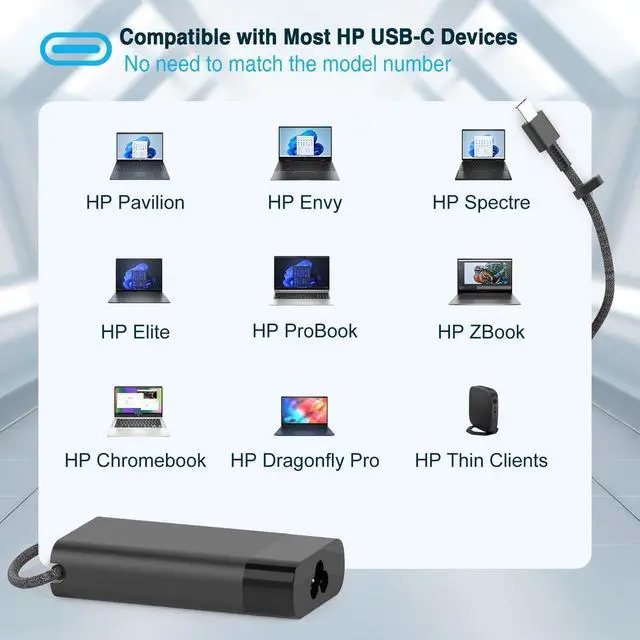 Alt view image 10 of 14 - Laptop Charger for HP Spectre Envy Elite EliteBook X360 X2 2-in-1 Chromebook Pavilion Dragonfly, New Slim 65W 45W USB C Charger 10FT, Universal Type C Power Adapter, Super Durable, Original Quality
