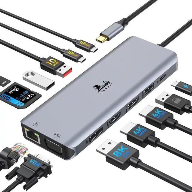 Alt view image 8 of 14 - Laptop Docking Station 4 Monitors, Dual HDMI+8K DP+VGA, 10Gbps, 100W PD, 6 USB C/A Ports, Ethernet, SD/TF, LIONWEI 13 in 1 USB C Hub for MacBook/Dell/HP/Surface