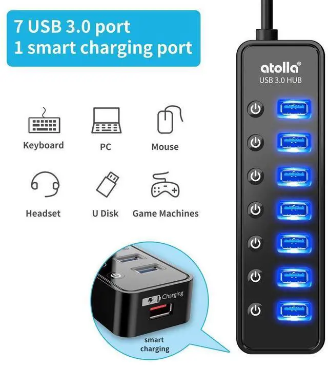 Alt view image 8 of 12 - Powered USB Hub 3.0, Atolla 7-Port USB Data Hub Splitter with One Smart Charging Port and Individual On/Off Switches and 5V/4A Power Adapter USB Extension for MacBook, Mac Pro/Mini and More.