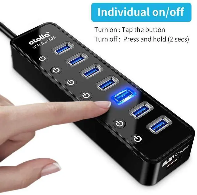 Alt view image 9 of 12 - Powered USB Hub 3.0, Atolla 7-Port USB Data Hub Splitter with One Smart Charging Port and Individual On/Off Switches and 5V/4A Power Adapter USB Extension for MacBook, Mac Pro/Mini and More.