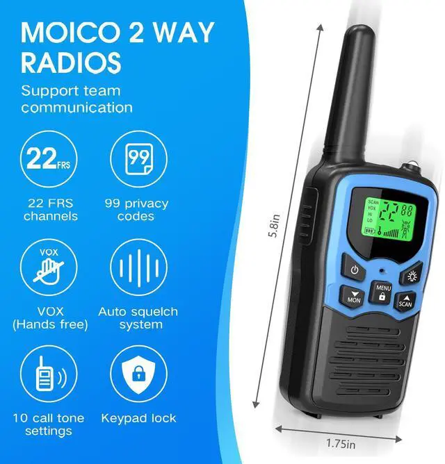 Alt view image 8 of 12 - Walkie Talkies,Long Range Walkie Talkies for Adults Two-Way Radios with 22 Channels FRS VOX Scan LCD Display with LED Flashlight for Field, Survival Biking Hiking Camping 2 Pack (Blue)
