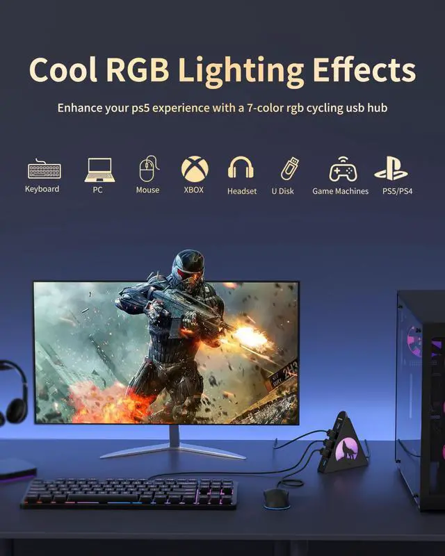 Alt view image 10 of 14 - 7-Port USB 3.0 Hub, Vertical USB Hub Splitter with RGB Lighting,5Gbps High-Speed Data Transfer and 2FT Extension Cable, Compatible with PC, MacBook, Laptop, PS5, Xbox, Flash Drive, Printer