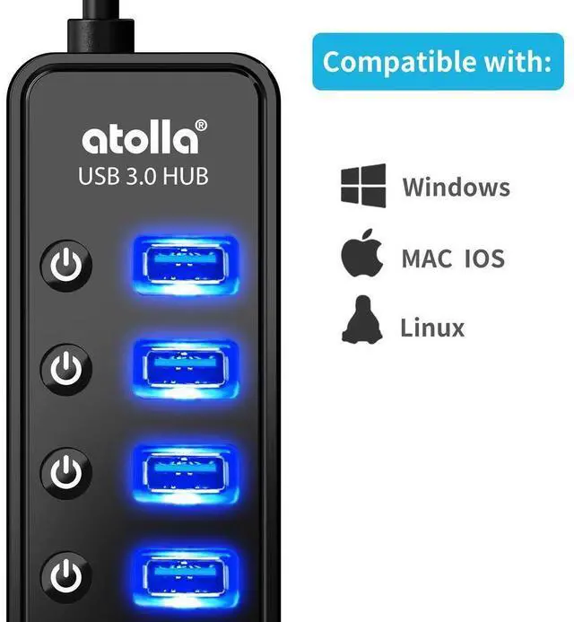 Alt view image 10 of 12 - Powered USB Hub 3.0, Atolla 7-Port USB Data Hub Splitter with One Smart Charging Port and Individual On/Off Switches and 5V/4A Power Adapter USB Extension for MacBook, Mac Pro/Mini and More.