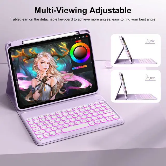 Alt view image 13 of 14 - Keyboard Case for iPad A16 11th Generation 11 Inch 2025, iPad 10th Generation 10.9 Inch 2022, 7 Colors Backlit Wireless Detachable Folio Keyboard Cover with Pencil Holder, Purple