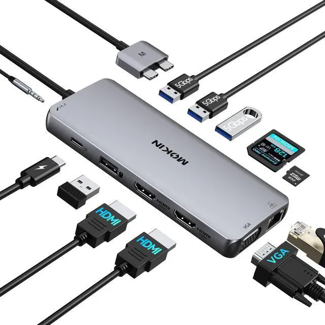 Alt view image 8 of 14 - MacBook Pro Docking Station Dual Monitor HDMI Adapter,12 in 1 USB C Adapters for MacBook Pro Air Mac HDMI Dock Dongle Dual USB C to DualHDMI VGA Ethernet AUX 4USB SD/TF100W PD