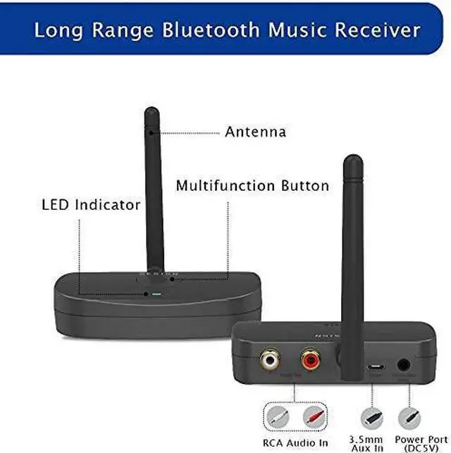 Alt view image 9 of 14 - BE-RCA Long Range Bluetooth Music Receiver, Wireless Audio Adapter for Wired Speakers or Home Music Streaming Stereo System, Black
