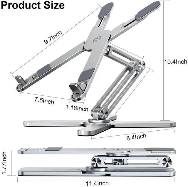 Alt view image 12 of 12 - Adjustable Laptop Stand with 360 Rotating Base, Aluminum Laptop Riser for Desk Foldable, Ergonomic Notebook Stand Holder Compatible with iPad and MacBook/All Laptops up to 16 inches - Silver