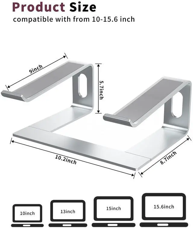 Alt view image 9 of 14 - Laptop Stand for Desk, Aluminum Computer Riser, Ergonomic Notebook Holder, Detachable Metal Laptops Elevator, PC Cooling Mount Support 10 to 15.6 Inches Notebook, Silver
