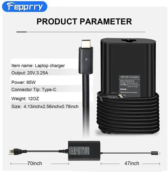 Alt view image 8 of 10 - 65W USB C Charger Compatible with Dell Latitude 5420 5520 5320 7420 7430 7400 7370 7390 7275 7285, XPS 13 7390 9350 9380 9370 9360 9310 9365 9300 9550 USB C Laptop Charger