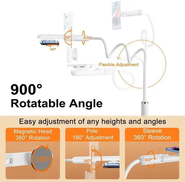 Alt view image 12 of 14 - Magnetic Phone Holder for Bed, Gooseneck Cell Phone Stand with Clamp Mount, 900° Rotation Overhead Lazy Bracket with Flexible Long Arm, Compatible with iPhone16/15/14/13/12