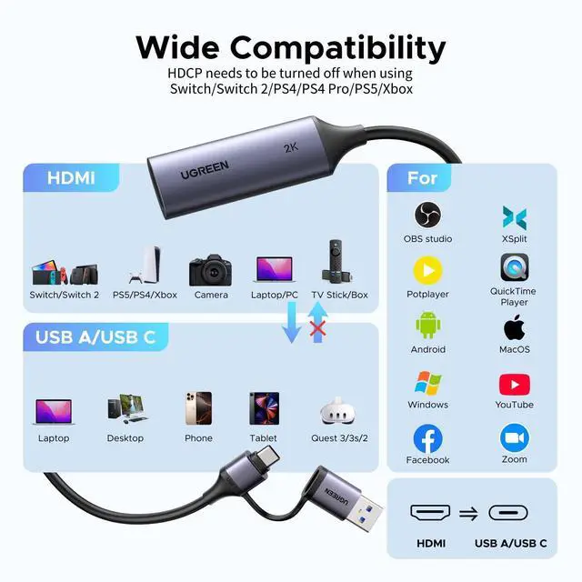 Alt view image 12 of 14 - 2K@30Hz Video Capture Card 4K Input HDMI to USB 3.0 A and USB C Capture, 1080P 60FPS with Low Latency Capture Card for Streaming Game Recording Compatible with Switch 2/Xbox/PS4/PS5/PC/Camera