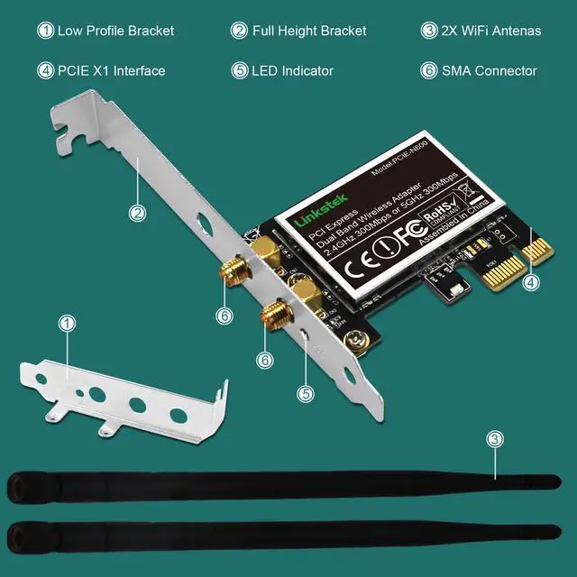 Alt view image 13 of 14 - Wireless N 600Mbps (2.4GHz 300Mbps and 5GHz 300Mbps) PCIE WiFi Adapter, PCIE WiFi Card, QUALCOMM Atheros AR946X Wireless Network Adapter for Windows 10 8.1 8 7 XP Desktop PCs (PCIE-N600)